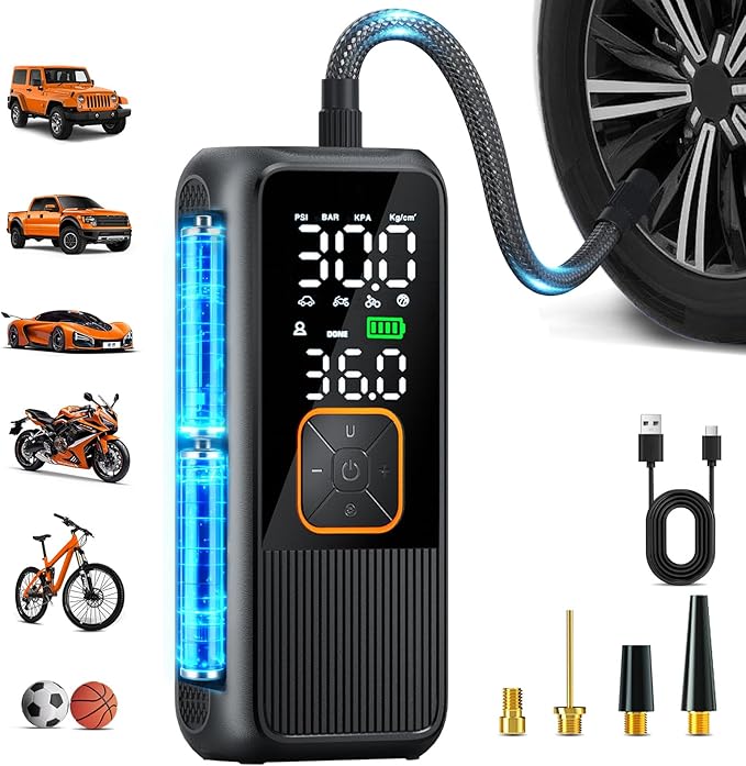 Tire Inflator Portable Air Compressor, 150 PSI Rechargeable Air Pump with Digital Pressure Gauge and LED Light, Smart Auto-Off Tire Pump for Car, Motorcycle, Bike, Ball