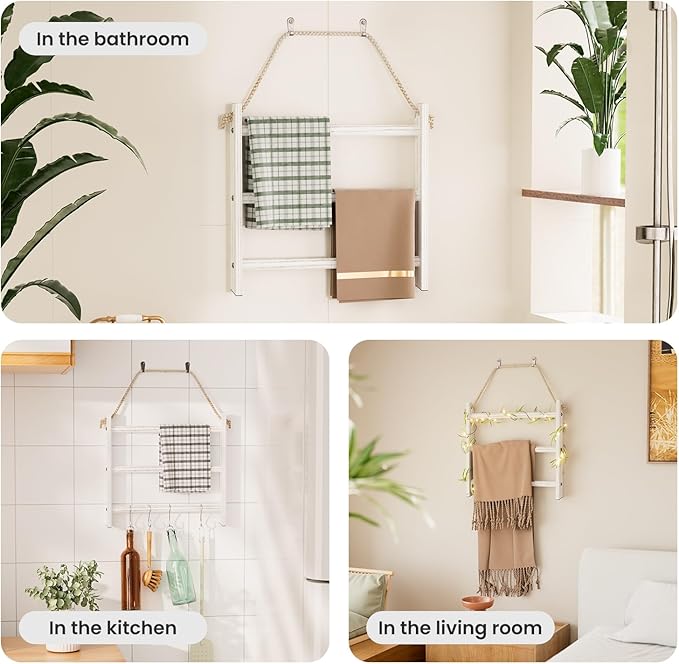 XLHOMO White Blanket Ladder Wall-Mounted, 3 Tier Wooden Rustic Mini Ladder Shelf for Living Room & Bathroom, Holder Display H
