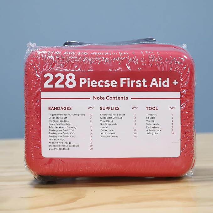 Compact First Aid Kit (228pcs) Designed for Family Emergency Care. Waterproof EVA Case and Bag is Ideal for The Car, Home, Bo