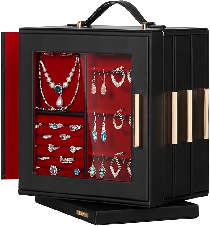 Homde Jewelry Box 360° Rotating, Necklace Earring Organizer with Transparent Window, Mirror, 7 Drawers, Large Ring Display St