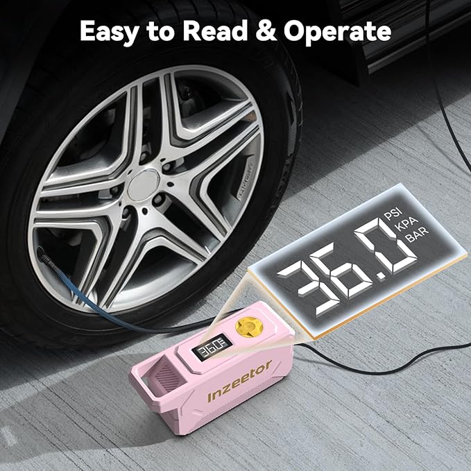 150 PSI Tire Inflator Portable Air Compressor, 12V DC Auto Shutoff Air Pump with Digital Pressure Gauge and Emergency LED Light for Car Tires, Bicycle & Balloons, Pink