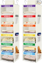 2 Pack 6-Shelf Weekly Clothes Organizer for Kids, Hanging Daily Closet Organization with 6 Side Pockets, Days of The Week Clo