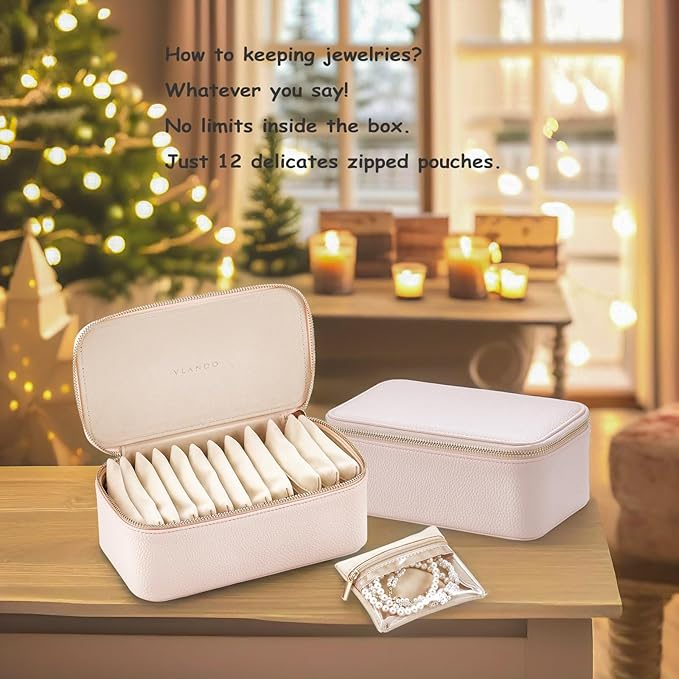 VLANDO Travel Jewelry Box Organizer – Portable PU Leather Jewelry Case with 6/8/12 Zippered Pouches, Compact Storage for Earr