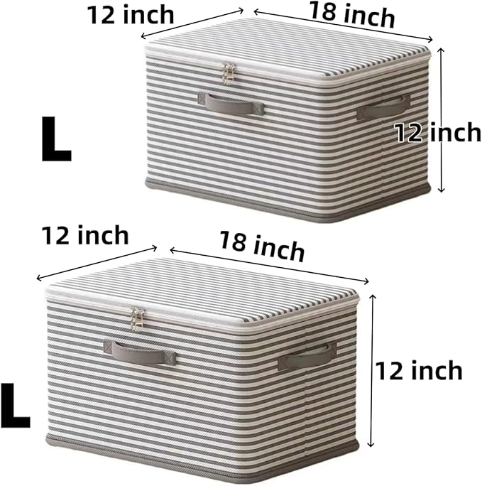 Foldable Storage Containers, Beige Striped Fabric Boxes with Lids, Stackable Closet Organizer Bins for Bedroom, Clothing Stor