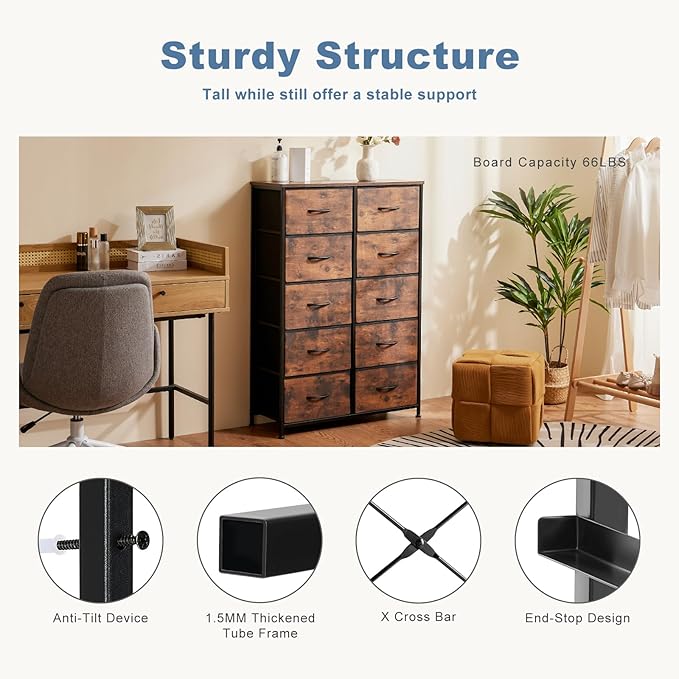 DUMOS Dresser for Bedroom, 10 Storage Drawers, Wide Fabric Closet Chests Organizer Tower Furniture with Wooden Top Metal Fram