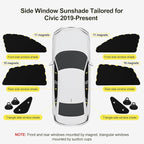 ZATOOTO Car Window Shades for Honda Civic 2017-2024, Side Window Sun Shade with Double Layer Reversible, Black for Blackout Privacy Silver for UV Blocking for Camping Sleeping Travel