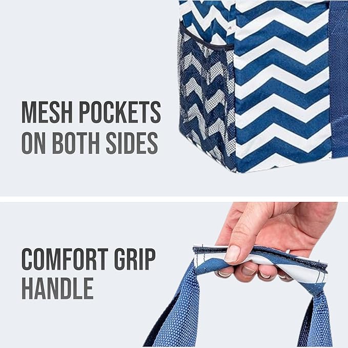Extra Large Utility Tote Bag, Oversized Collapsible Reusable Wire Frame Rectangular Canvas Basket With Two Exterior Pockets For Beach, Pool, Laundry, Car Trunk, Storage - Chevron Navy