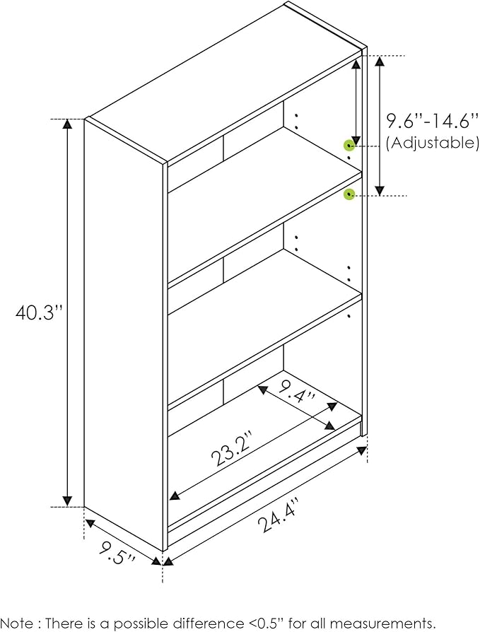 Furinno JAYA Book Shelf, 3-Tier Bookshelf, Bookcase with Adjustable Shelves, 9.5 x 24.5 x 40.3, for Organization and Storage,