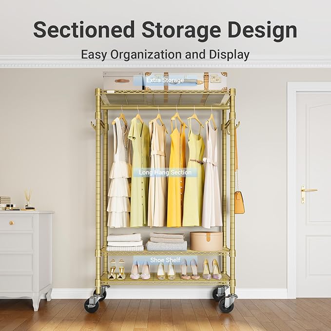 VIPEK R3 Heavy Duty Clothes Rack with Lockable Wheels, Rolling Portable Closet with Adjustable Shelves & Hanging Rod & Side H