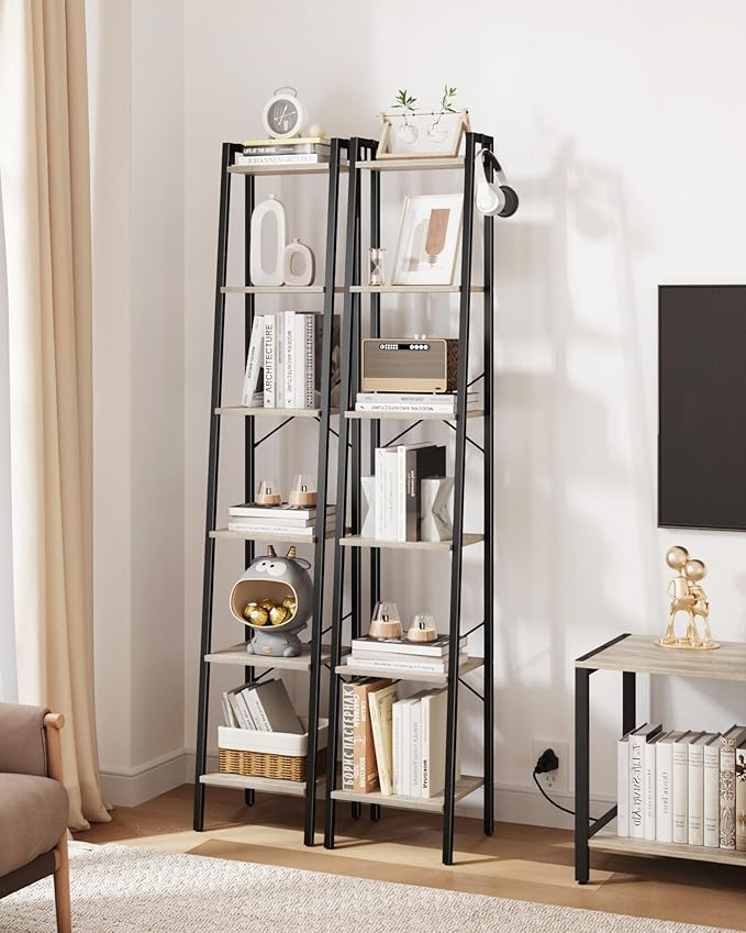 Hzuaneri Ladder Shelf, Bookshelf Bookcase, Freestanding Corner Storage Shelve with 2 Hooks for Home Office, Living Room, Kitc