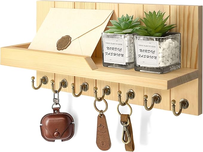 Rebee Vision Farmhouse Pine Key Holder Wall Mount for Room Decor - Key Holder for Wall with Floating Shelf for Placeable Plan