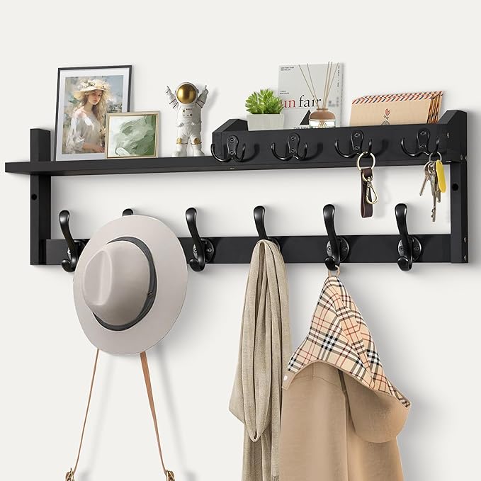 Coat Rack Wall Mount with Shelf, 27.5" Entryway Wall Hanging Shelf, Coat and Key Hanger with 10 Dual Hooks, Mail Organizer an