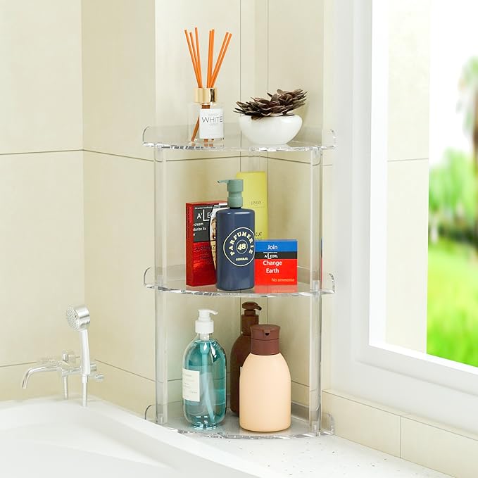 Sezanrpt 3 Tier Countertop Corner Organizer Shelf 7x7x15.7 Inch, Countertop Acrylic Bathroom Corner Shelf, Clear Vanity Stora