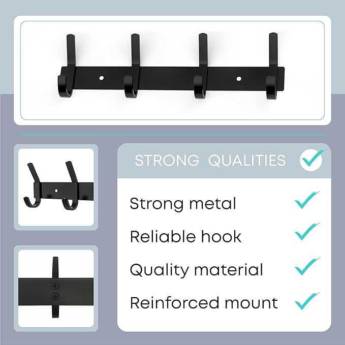 Matte Black Coat Rack Wall Mount – 12 Inch Stainless Steel Hook Rail with 4 Double Coat Hooks – Wall Mounted Entryway Organiz