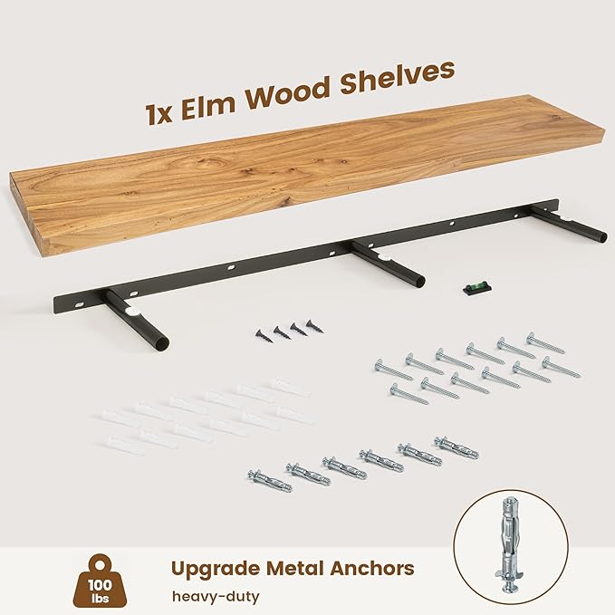 Elm Floating Shelves for Wall Decor, Rustic Solid Wood Shevles Wall Mounted with Invisible Bracket for Living Room Bathroom B