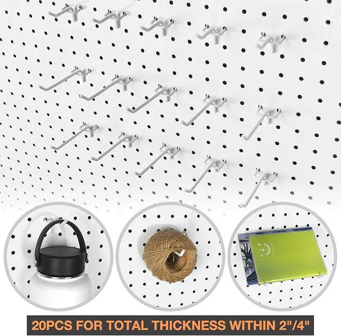 G.CORE 24-Pack Pegboard Hooks, 2" 4" Peg Board Tool Utility Hangers Fit 1/4" Pegboards, Heavy Duty Metal Shelving Brackets, W