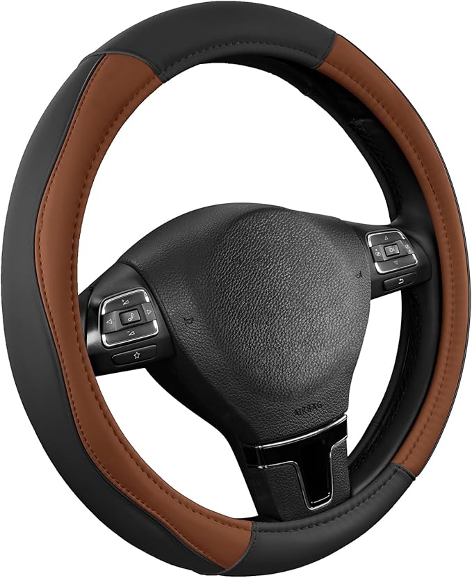 Road Comforts Leather Steering Wheel Cover with Decorative Trim and Piping, Anti-Slip Breathable Design, Fits 14.5–15 Inch Ro