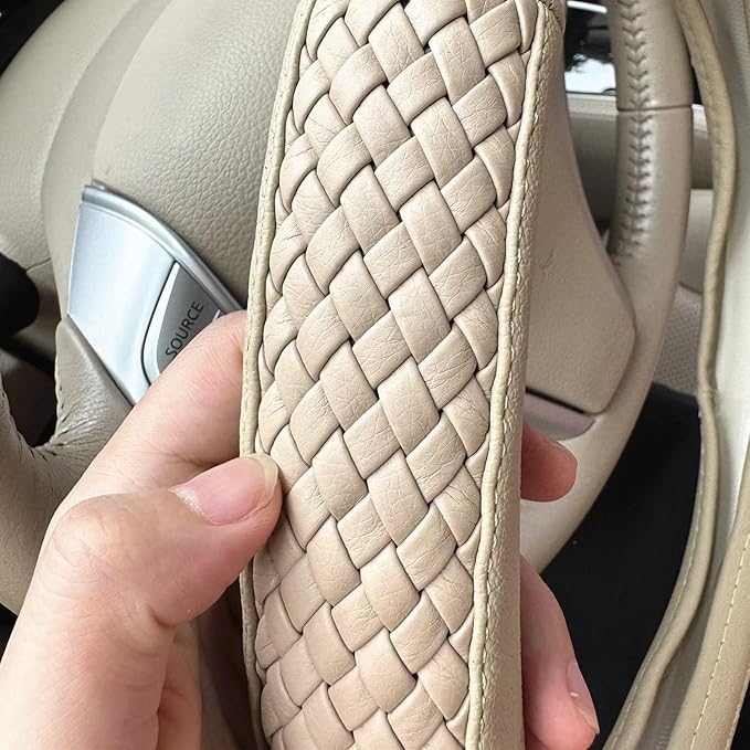 Moyishi Top Leather Steering Wheel Cover Universal Fit Soft Breathable Steering Wheel Wrap (Cream-Colored)