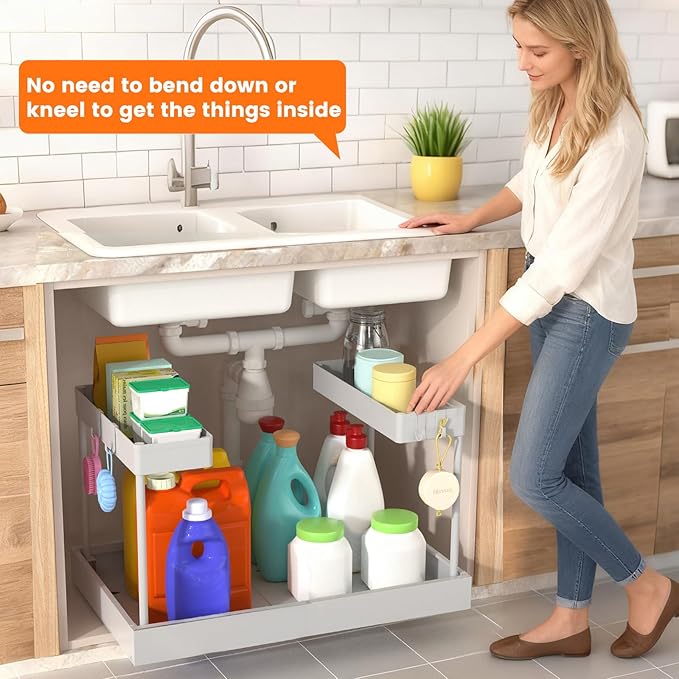Expandable Under Sink Organizers and Storage,Width Adjustable (14.9-23.6IN),No Drill 2-Tier Pull Out Under Cabinet Organizer 
