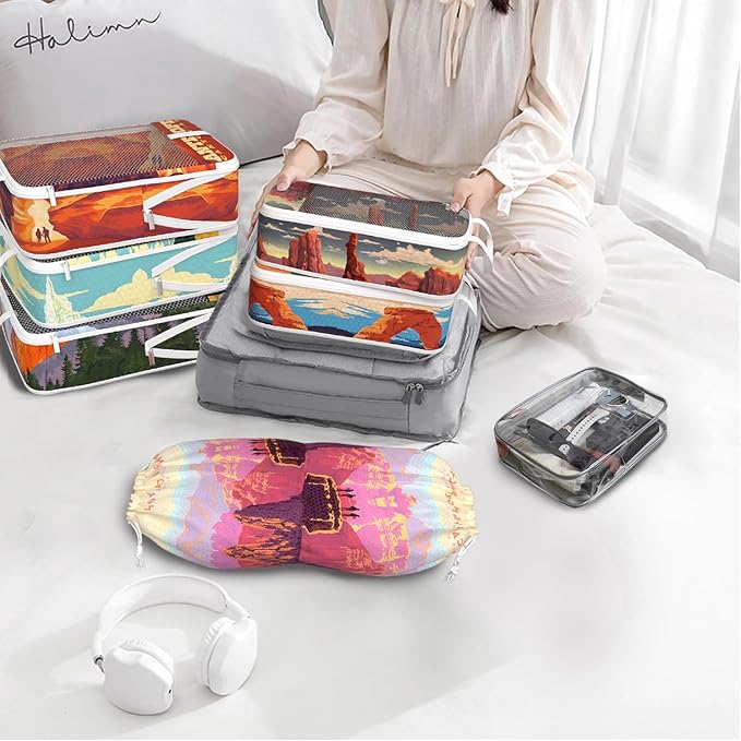Compression Packing Cubes for Travel, 7 Set National Park Expandable Mesh Luggage Organizers, Waterproof Expandable/Compressi