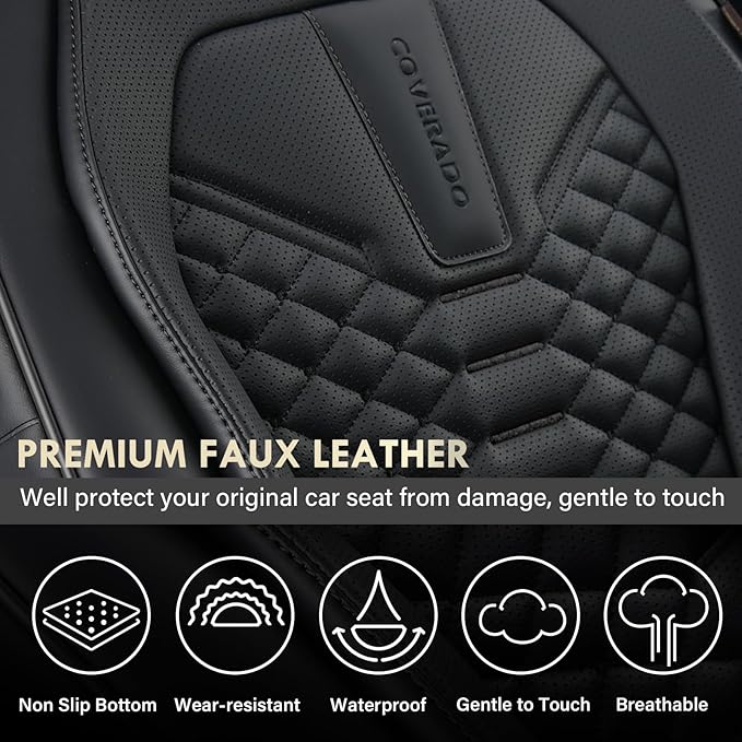Coverado Leather Seat Covers, Car Seat Covers Full Set, Black Seat Covers for Cars, Car Seat Protector Waterproof, Car Seat C