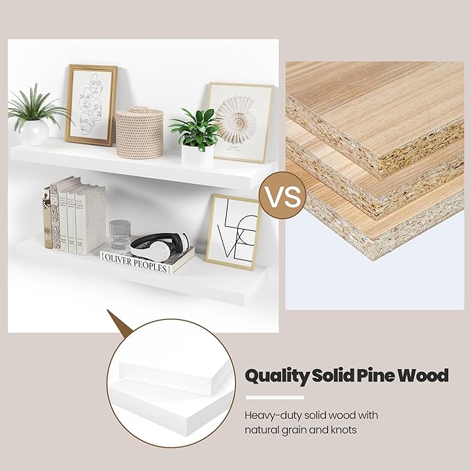 Vivelove Wooden Floating Shelves for Wall 24” x 8”x 1.4”, Solid Wood Shelf with Invisible Brackets, Deep Wall Shelves for Bat