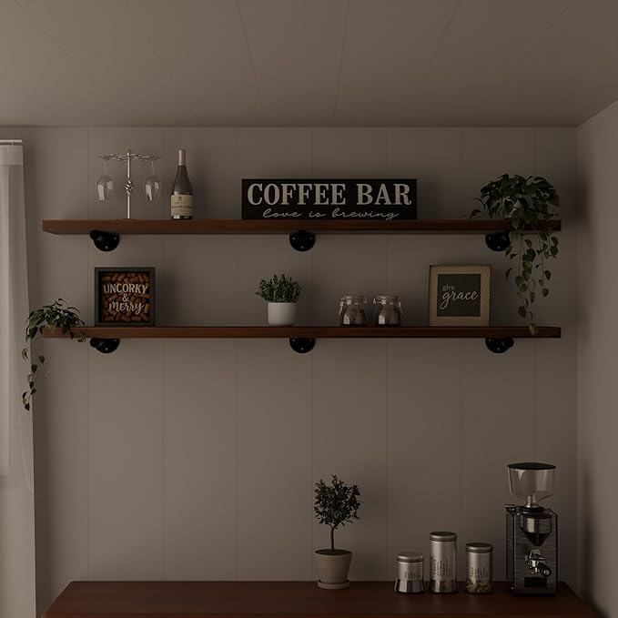 Industrial Pipe Wall Shelves - 60"" Warm Walnut Solid Wood, 12"" Deep Floating Shelving for Farmhouse Rustic Decor, Sturdy St