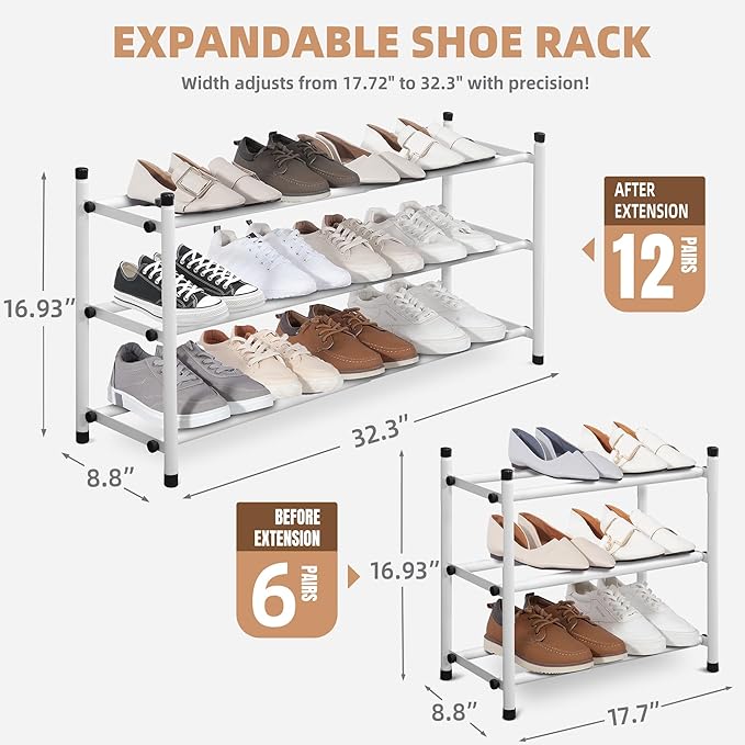 STORAGE MANIAC Expandable Shoe Rack, 12 Pairs Stackable Small Shoe Rack, Metal Adjustable Shoes Organizer for Closet, Entrywa