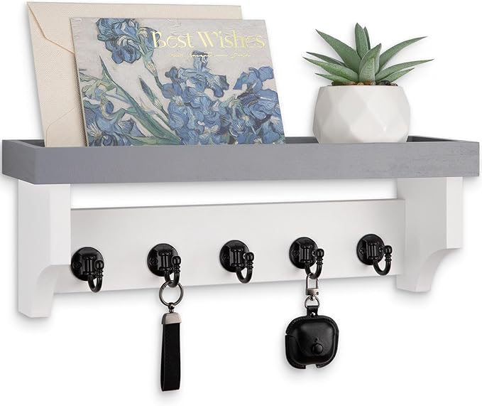 Key and Mail Holder Wall Mount, Key Holder with Shelf and Mail Organizer Wall Mount. Mail Holder with 5 Hooks for Coat, Dog L