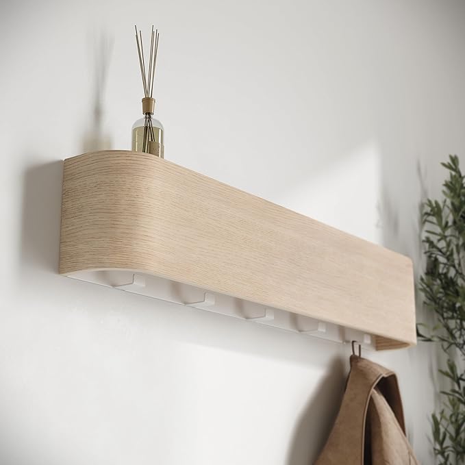 Kazai. Wall-Mounted Coat Rack 'Toke' - Modern Design Coat Rack with Hidden Wall Hooks - Solid Wood Veneer Panel Coat Hanger -