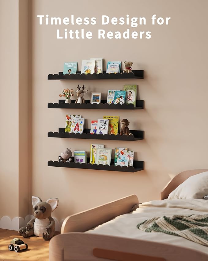 Shario Nursery Book Shelves, 4-Pack Wood Floating Shelves for Wall Kids, Scalloped Shelves, Wall Book Shelves for Bedroom Kid