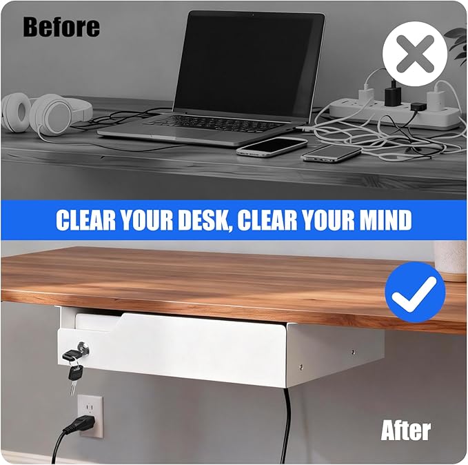 Under Desk Drawer Storage with Lock, Metal Undermount Table Drawer, Ball Bearing Slides Out Tray Organizer for Paper, Pencil,