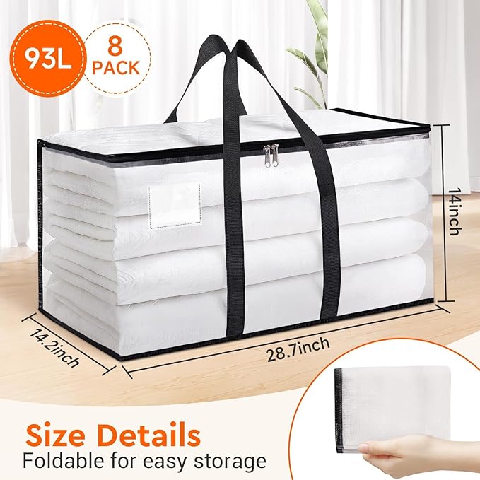 BlissTotes Moving Bags, 93L 8-Pack Storage Bags, Moving Box Heavy Duty Extra Large, Moving Totes with Zipper, Reinforced Hand