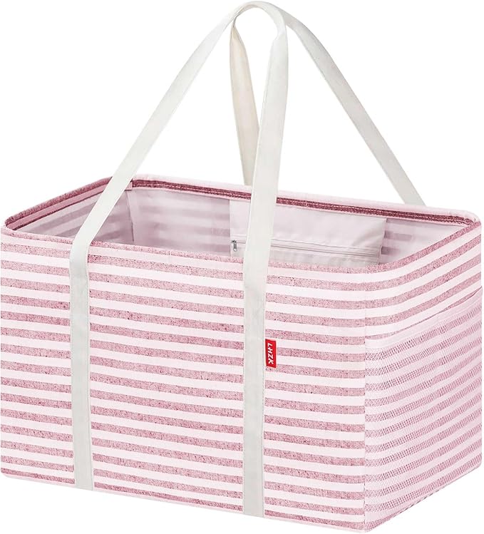 LHZK Standing Utility Tote Bag with Metal Wire Frame and the Sides Rinforced, Large Tote Bag with Handle, Reusable Grocery