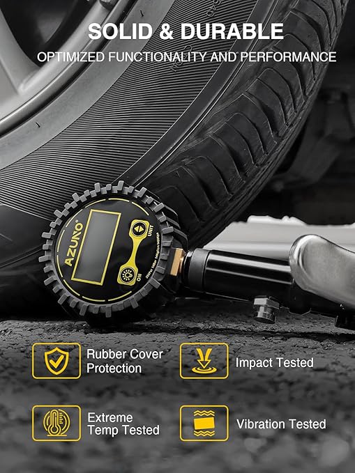 AZUNO Digital Tire Inflator with Pressure Gauge, 200 PSI, Heavy Duty Air Compressor Accessories, w/Rubber Hose Lock on Air Chuck and Quick Connect Coupler