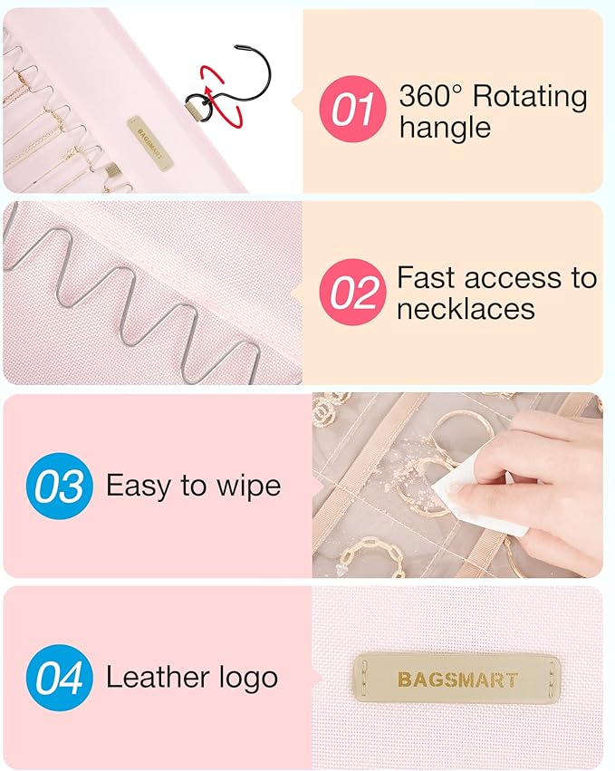BAGSMART Hanging Jewelry Organizer Storage Roll with Hanger Metal Hooks Double-Sided Jewelry Holder for Earrings, Necklaces, 