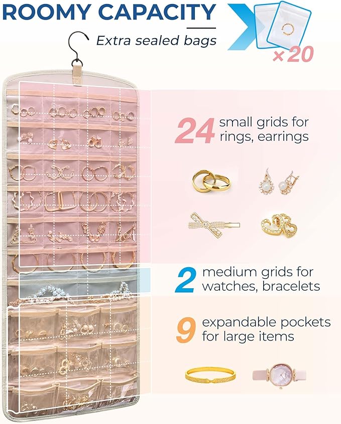 BAGSMART Hanging Jewelry Organizer, Necklace Holder Anti-tangle Earrings Rings Hanger with Pockets Hang on Closet, Wall, Door