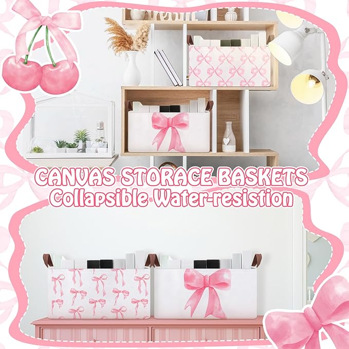 Boao 3 Pcs Coquette Pink Bow Storage Bin Collapsible Large Storage Baskets for Gifts Empty Candy Holiday Decor Canvas Laundry