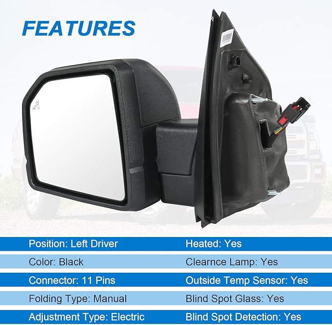 JDMSPEED Left Driver Side View Mirror Compatible with 2015-2020 Ford F150 with Power Glass Heated Puddle Lights Clearnce Lamp