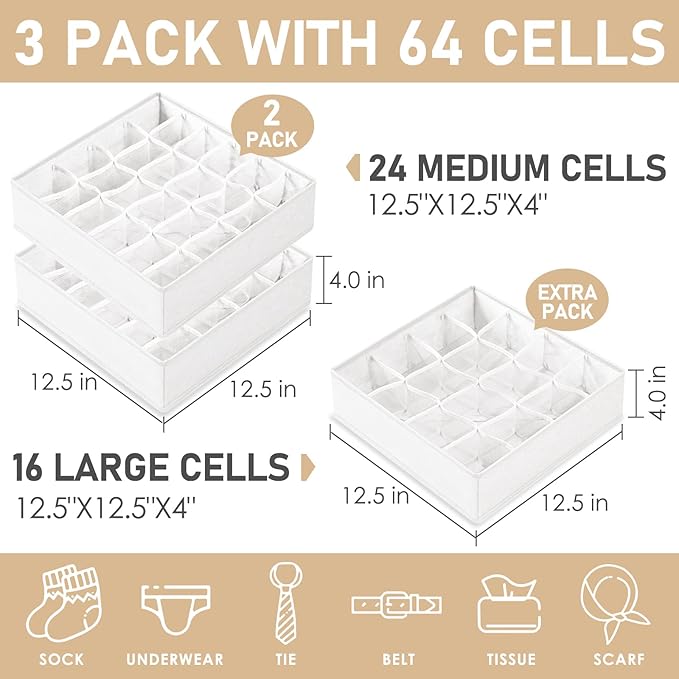 Criusia 3 Pack Sock Underwear Drawer Organizer Dividers, 64 Cell Fabric Foldable Cabinet Closet Organizers and Storage Boxes 