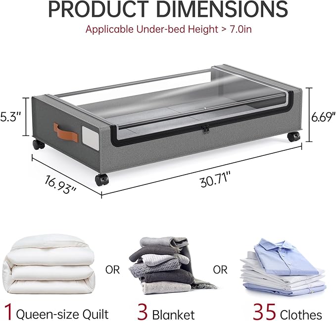 Yecaye 4 Pack Under Bed Storage with Wheels, Under Bed Storage Containers with Lids, Large Under Bed Rolling Storage with Cle
