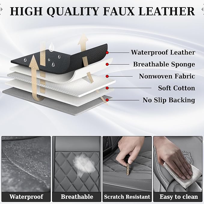 Coverado Car Seat Covers Full Set, Luxury Faux Leather Seat Covers for Cars, Waterproof Car Seat Protector, Gray Car Seat Cov