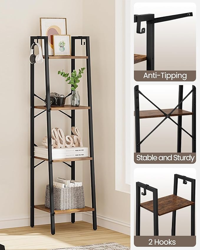 Hzuaneri Ladder Shelf, Bookshelf Bookcase, Freestanding Corner Storage Shelve with 2 Hooks for Home Office, Living Room, Kitc