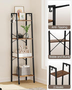 Hzuaneri Ladder Shelf, Bookshelf Bookcase, Freestanding Corner Storage Shelve with 2 Hooks for Home Office, Living Room, Kitc