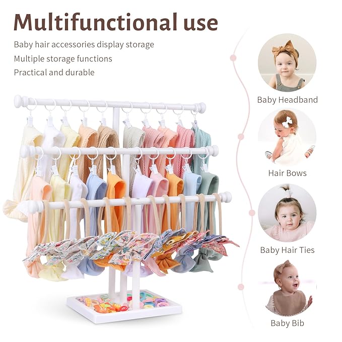 POVETIRE Headband Holder Stand Storage for Baby, 3 Tier Wooden Bow Organizer for Girls Hair Bows, Infant Hair Accessories Rac
