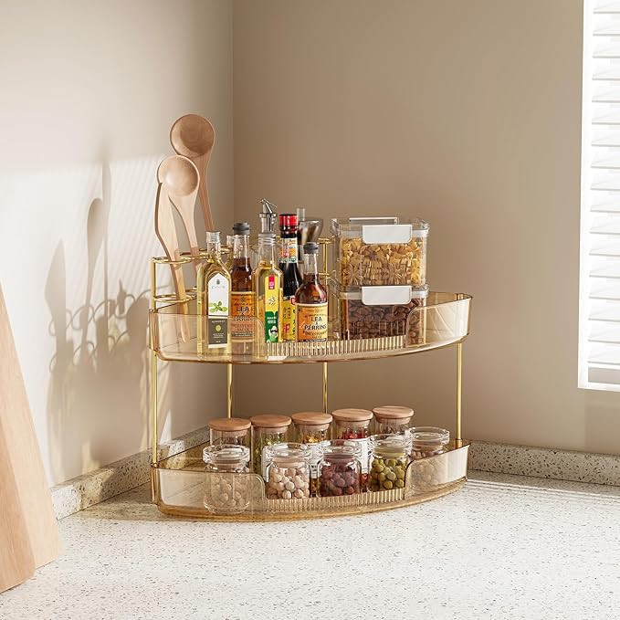 FELIZHOUSE 2-Tier Makeup Organizer for Vanity & Bathroom Countertop – Acrylic Storage Shelf with Perfume Tray & Makeup Brush 
