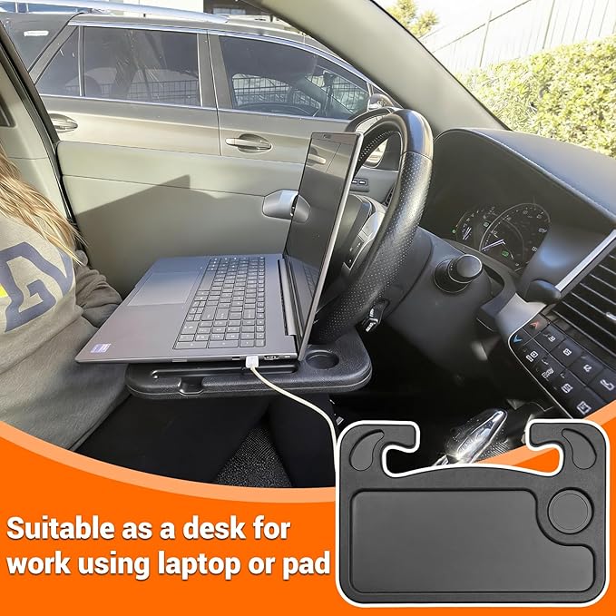 Car Steering Wheel Desk for Laptop and Eating – Multipurpose Rolling Tray Table, Portable Car Accessories for Travel, Work & Food, Universal Steering Wheel Under Table Console (Black)