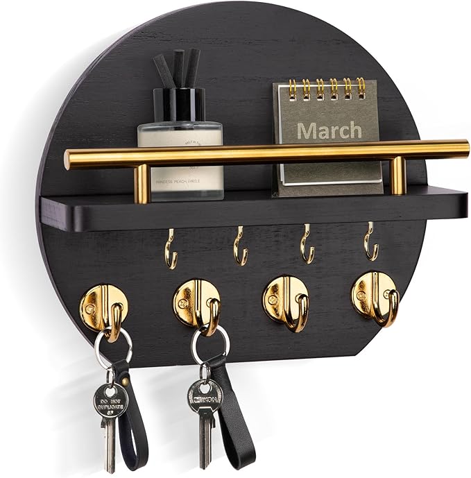 Nekon Key Holder for Wall - 9.8 Inch Apartment Wall Decor with Shelf and 8 Key Hooks, Circular Wood Key Hanger for Home Decor