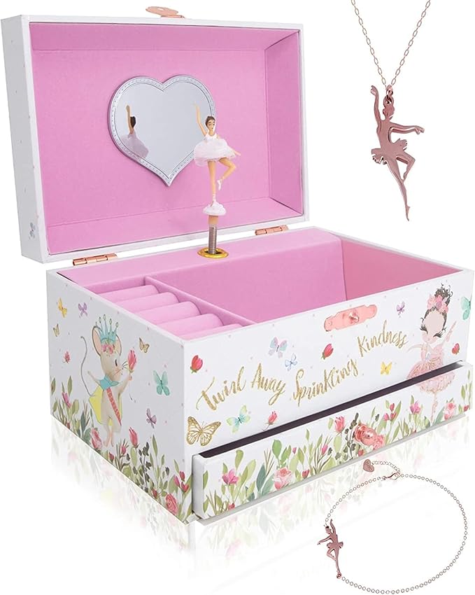 The Memory Building Co Ballerina Musical Jewelry Box Plays Classic Melody, Storage Organizer Music Box for Kids Ages 6-12, MD