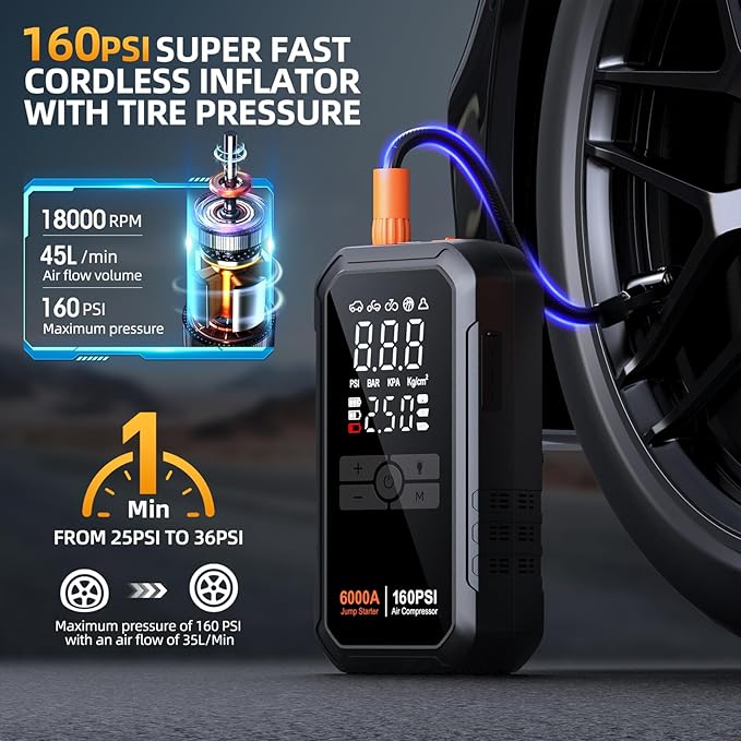 Portable 10-in-1 Car Battery Jump Starter with Air Compressor 6000A 160PSI Portable Car Jumper Starter (All Gas 12L Diesel),